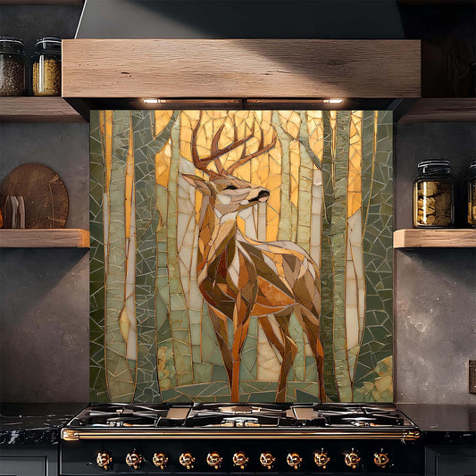 Stove with a decorative glass backsplash featuring a deer in a forest design.