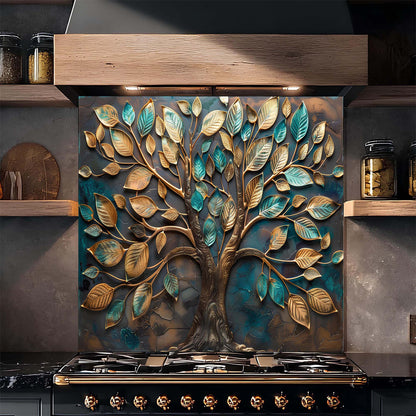 Decorative backsplash with a tree design above a stove in a kitchen setting.
