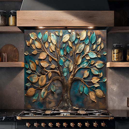 Decorative backsplash with a tree design above a stove in a kitchen setting.