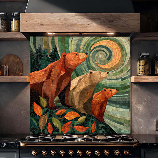 A symbolic bear family gazing at a spiral sky, printed on a tempered glass backsplash that adds warmth, meaning, and woodland calm to kitchens.