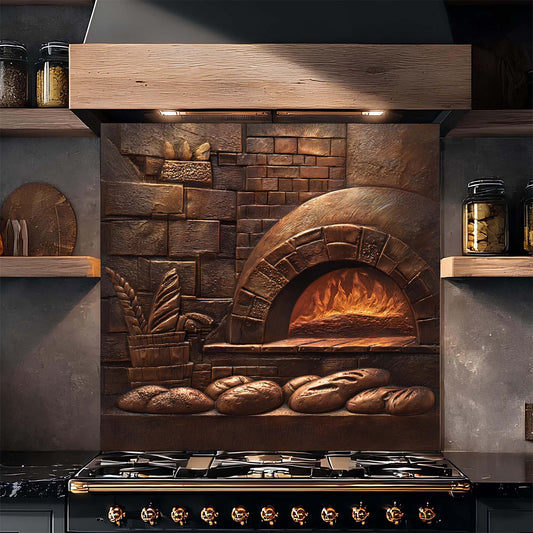 Kitchen backsplash with stone oven design, bread, and shelves.