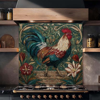 Decorative glass backsplash with a rooster design in a kitchen setting