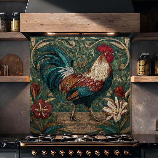 Decorative glass backsplash with a rooster design in a kitchen setting