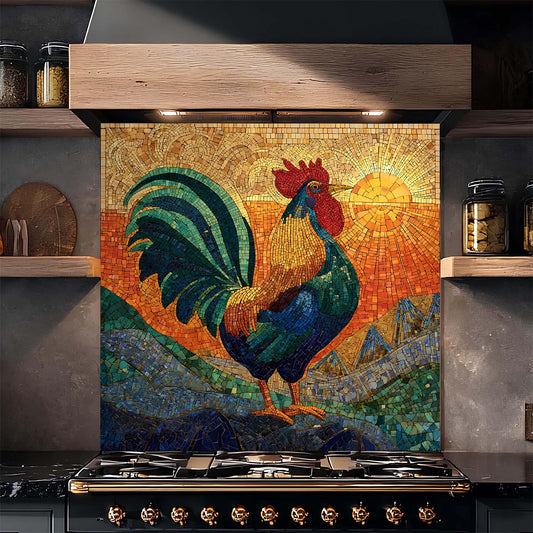 Golden sunrise rooster mosaic on tempered glass kitchen backsplash with blue and green waves