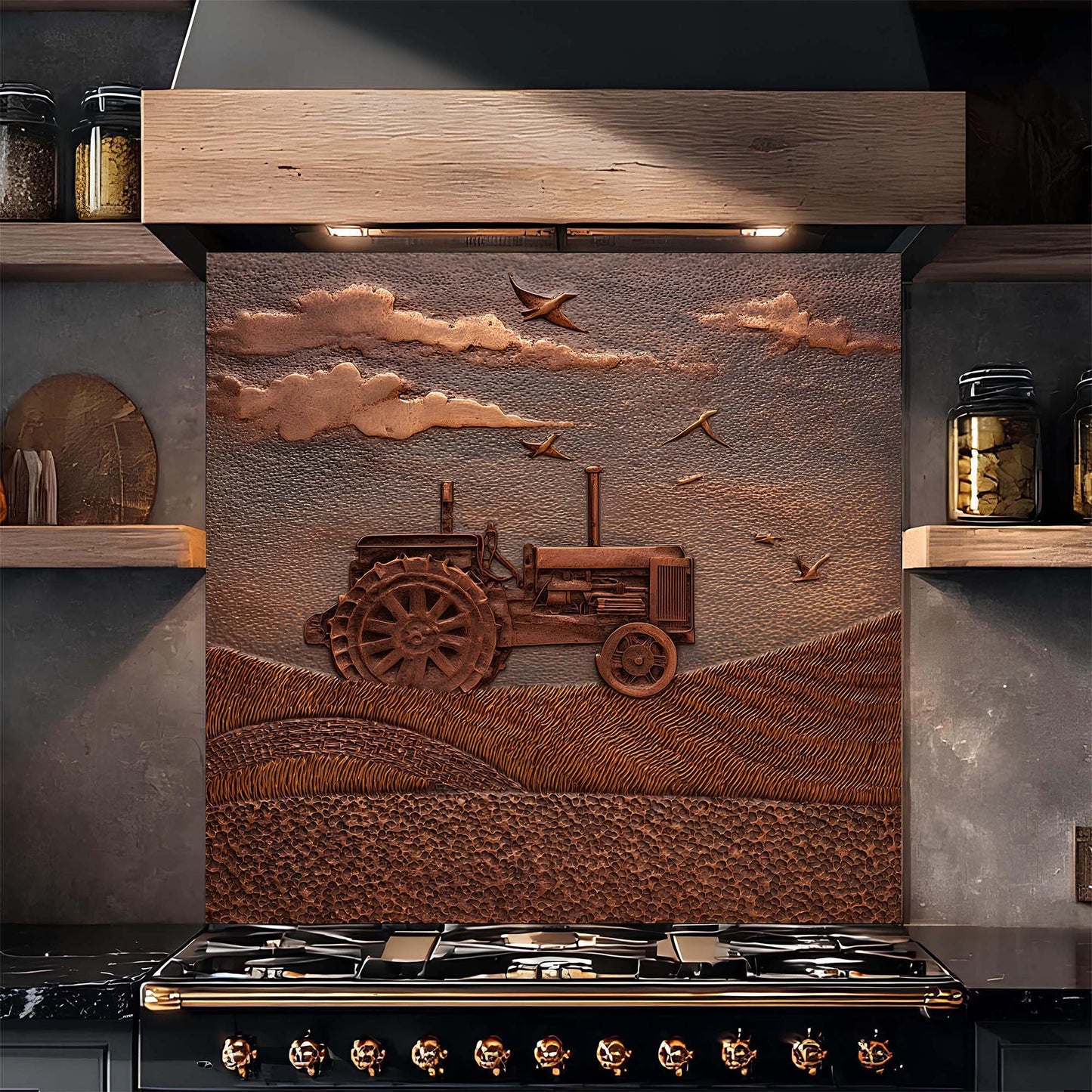 Decorative backsplash with a tractor design in a rustic kitchen setting.