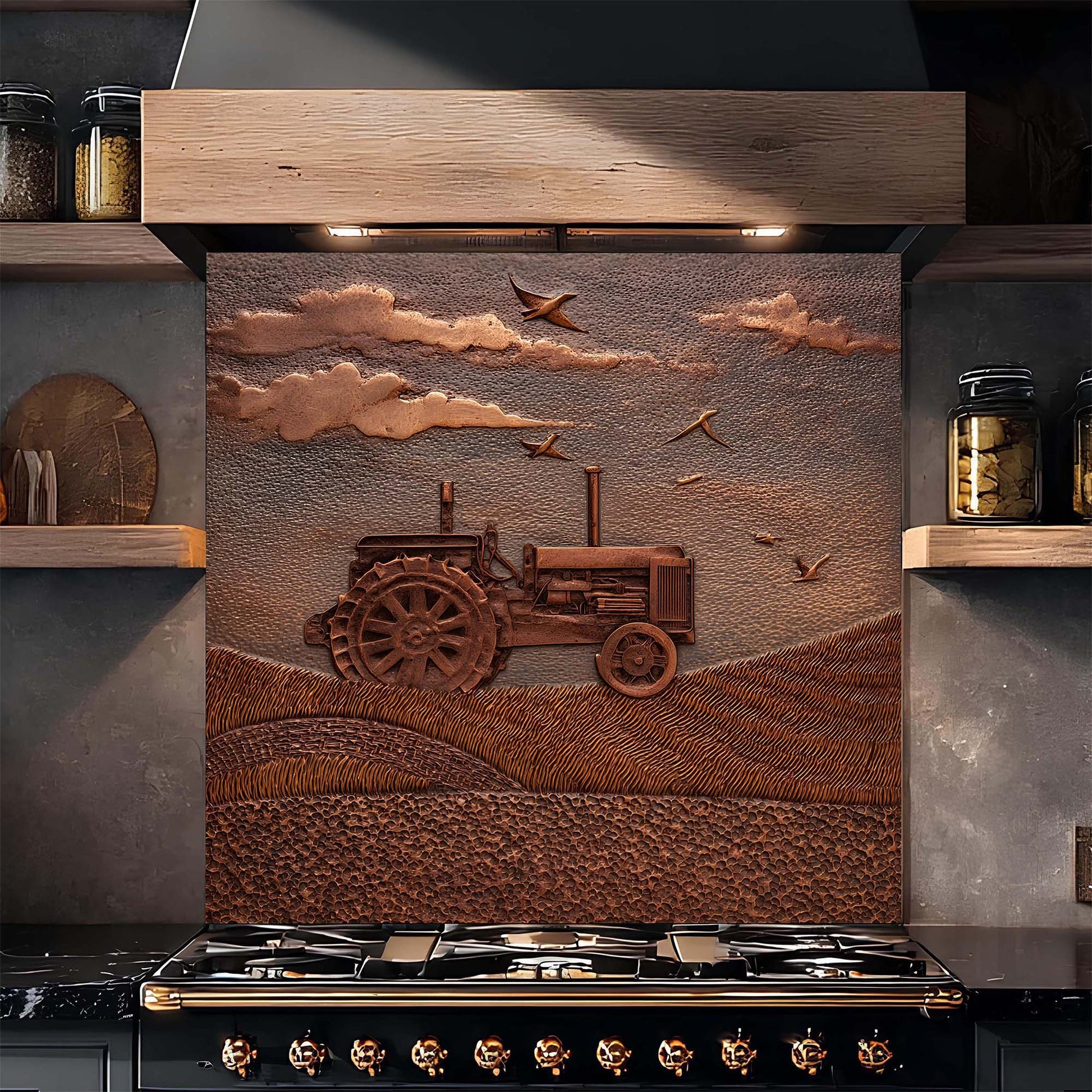 Decorative backsplash with a tractor design in a rustic kitchen setting.