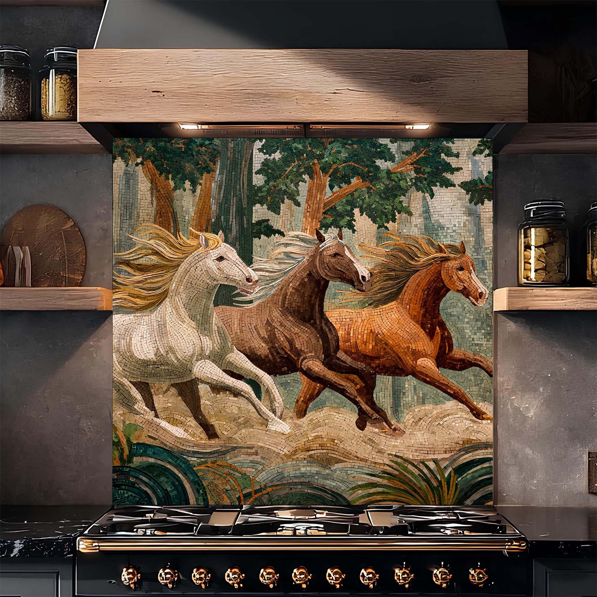 Mosaic-style wild horses running through a forest on tempered glass backsplash, adding movement, warmth, and natural beauty to kitchens.