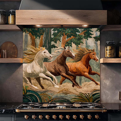 Mosaic-style wild horses running through a forest on tempered glass backsplash, adding movement, warmth, and natural beauty to kitchens.