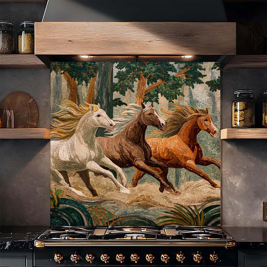 Mosaic-style wild horses running through a forest on tempered glass backsplash, adding movement, warmth, and natural beauty to kitchens.