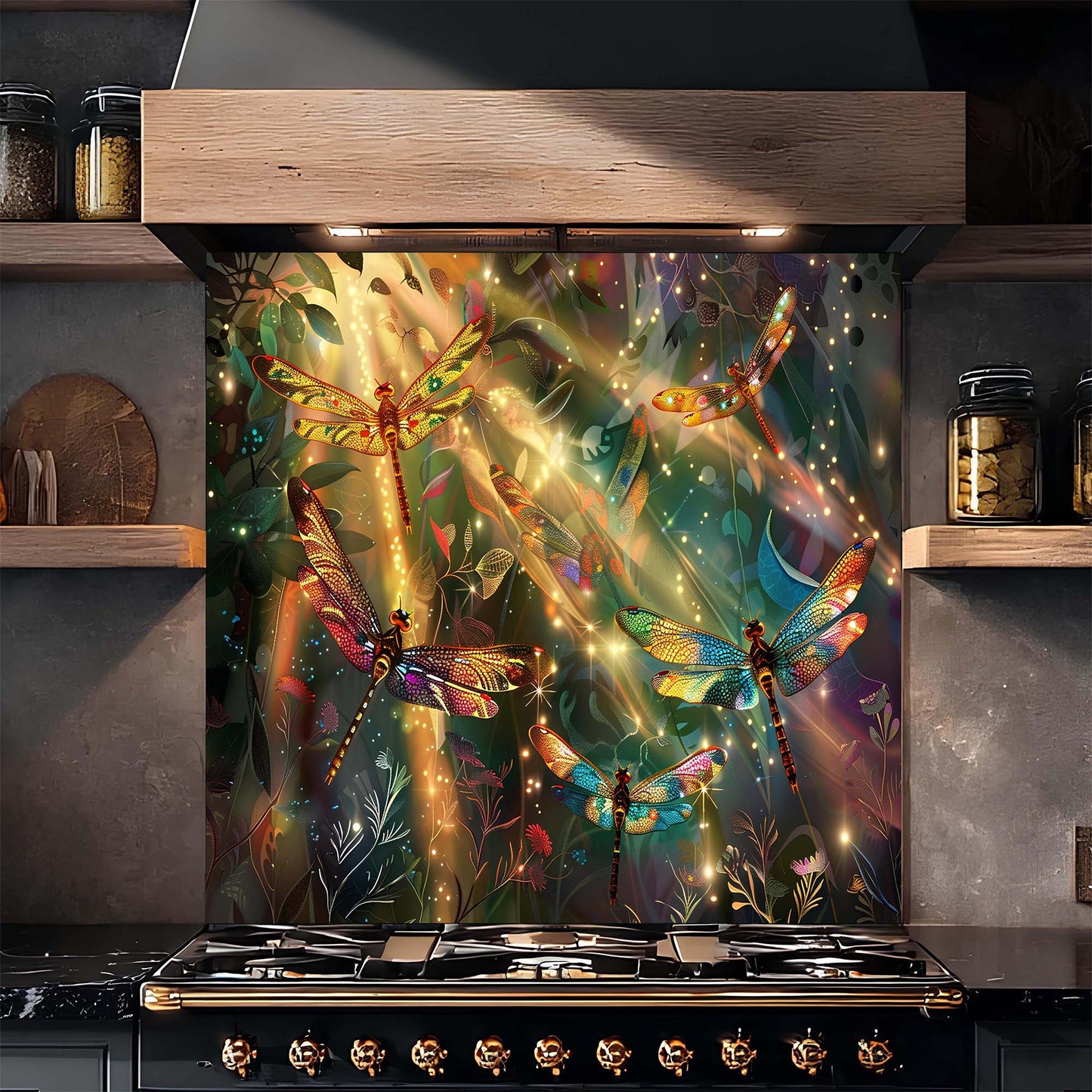 Stainless steel oven with a colorful dragonfly design on the glass panel