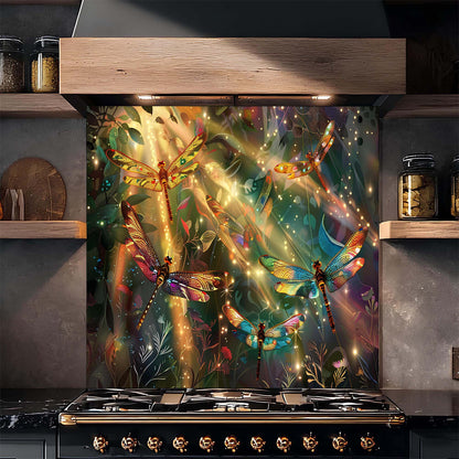 Stainless steel oven with a colorful dragonfly design on the glass panel