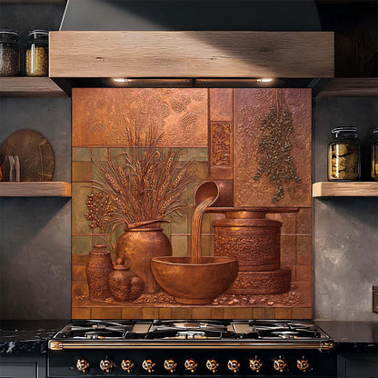 Decorative copper look glass backsplash with artistic designs in a kitchen setting.