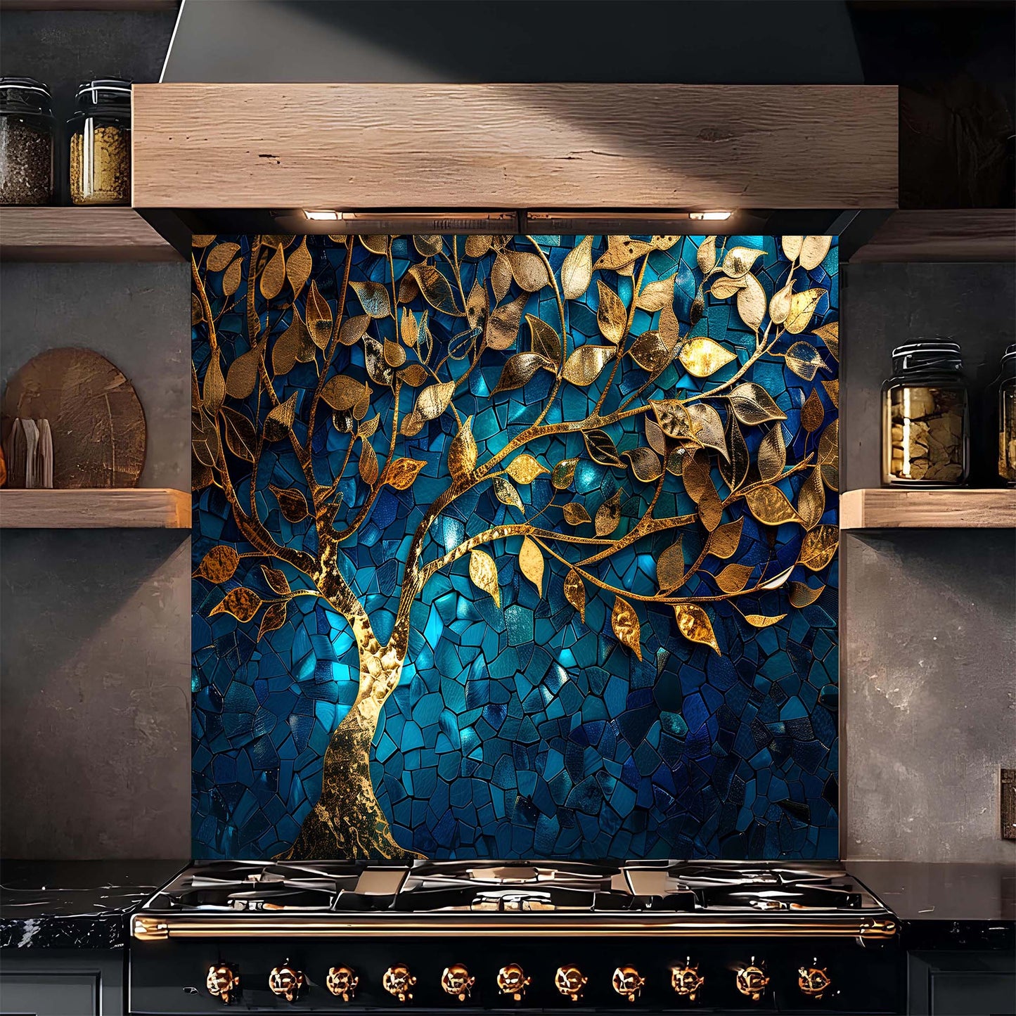 Decorative backsplash with a tree design in blue and gold, installed above a stove.