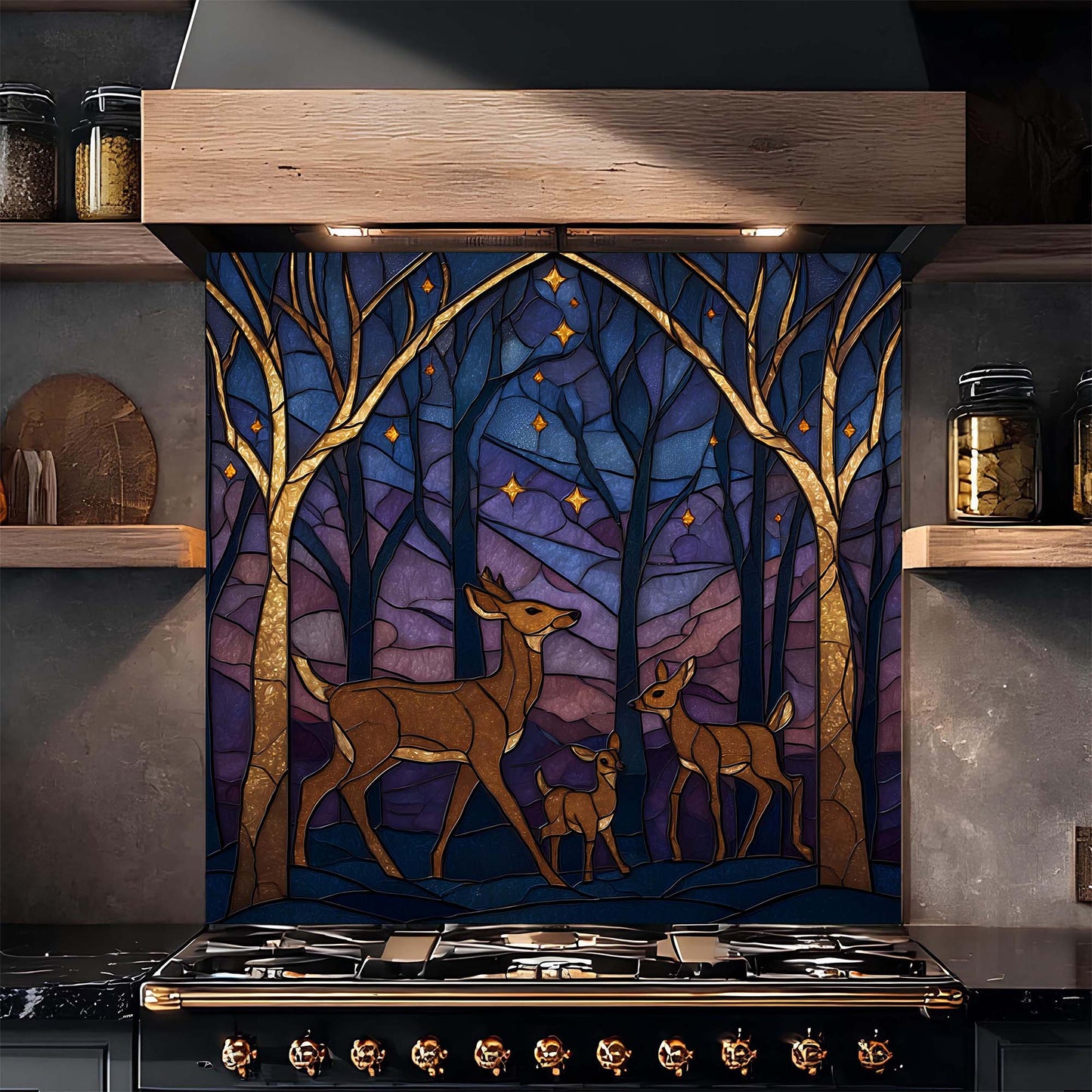 A serene deer family beneath a starlit forest sky on tempered glass backsplash, bringing warmth, nature, and harmony to kitchens.