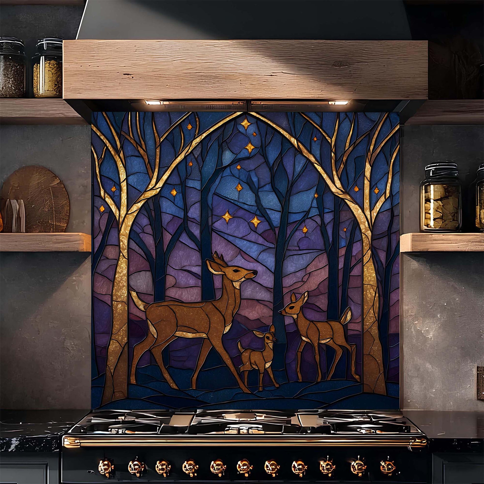 A serene deer family beneath a starlit forest sky on tempered glass backsplash, bringing warmth, nature, and harmony to kitchens.