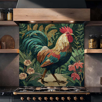 Decorative glass backsplash with a rooster design in a kitchen setting