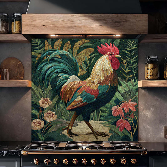 Decorative glass backsplash with a rooster design in a kitchen setting