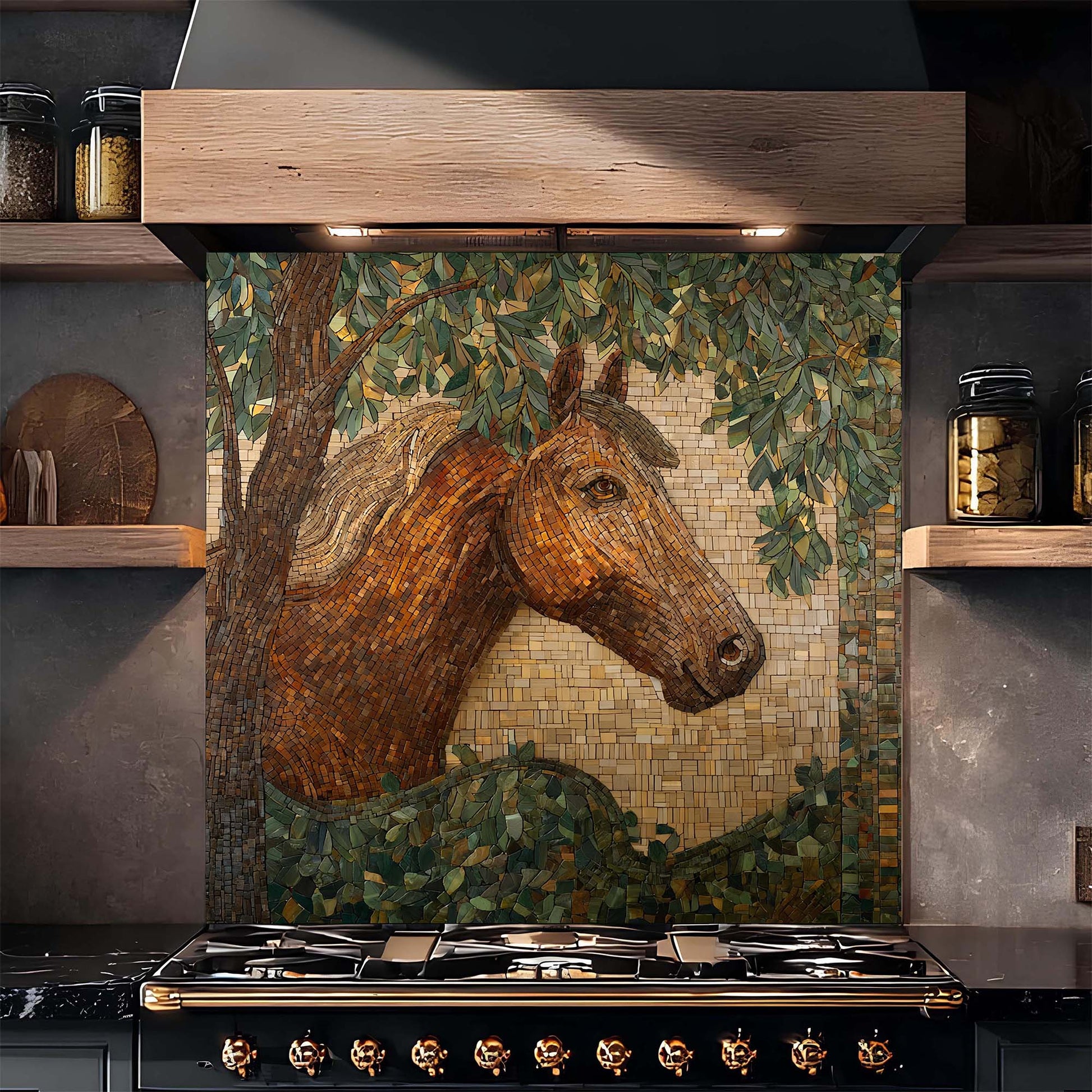 Elegant horse portrait in mosaic woodland style on tempered glass backsplash, bringing warmth, calm, and nature-inspired beauty to kitchens.