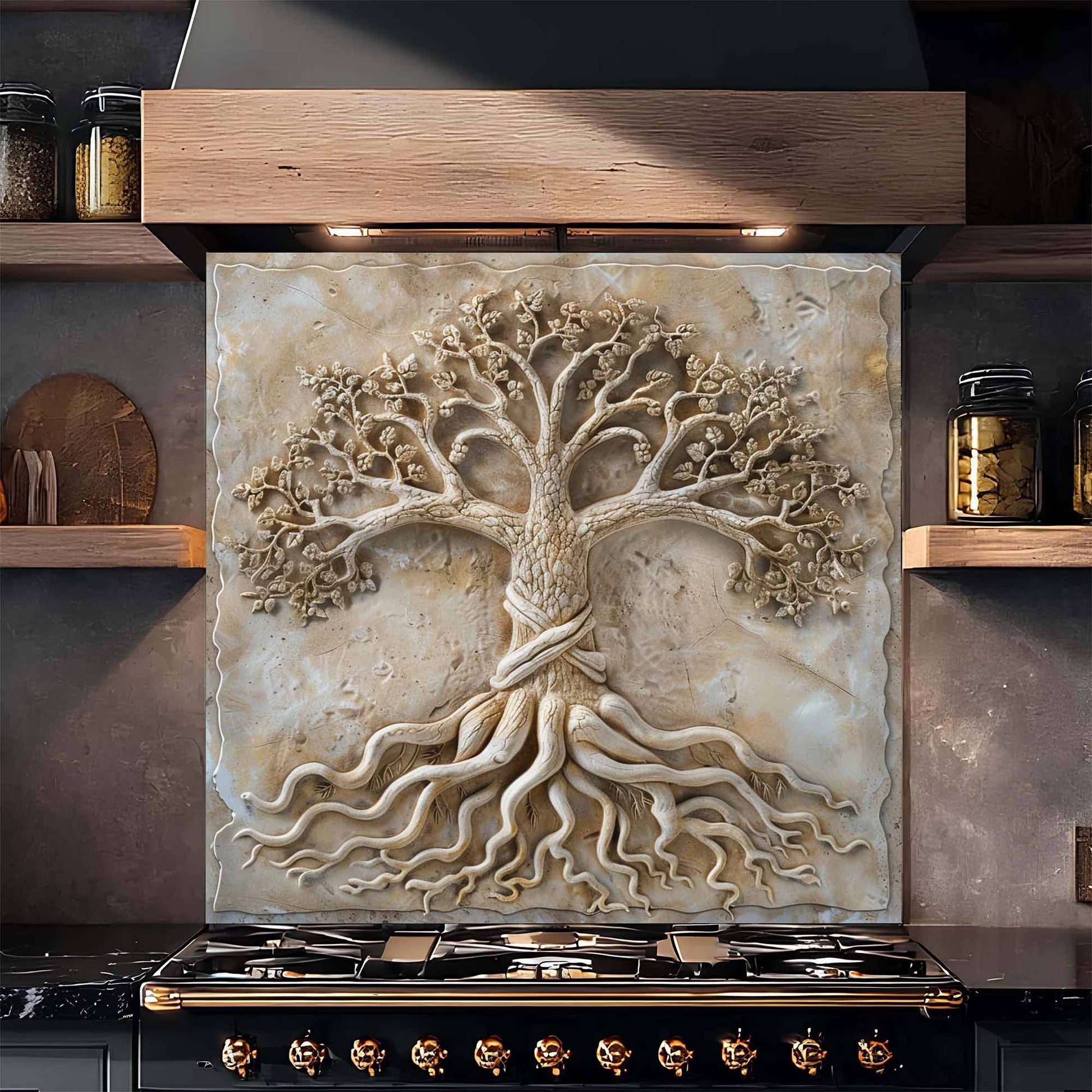Decorative backsplash with tree design above a stove in a kitchen setting.