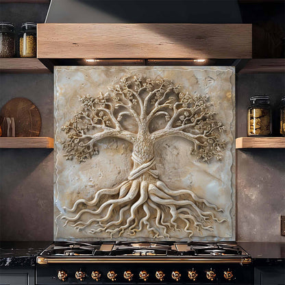 Decorative backsplash with tree design above a stove in a kitchen setting.