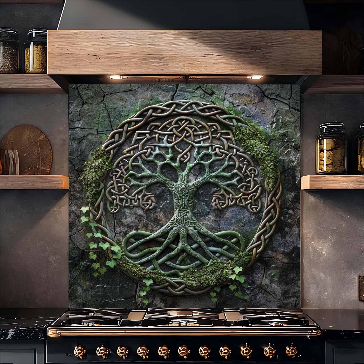 tempered glass backsplash for kitchen with maya tree of life design