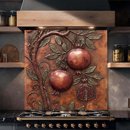 Decorative backsplash with pomegranate design above a stove in a kitchen setting.