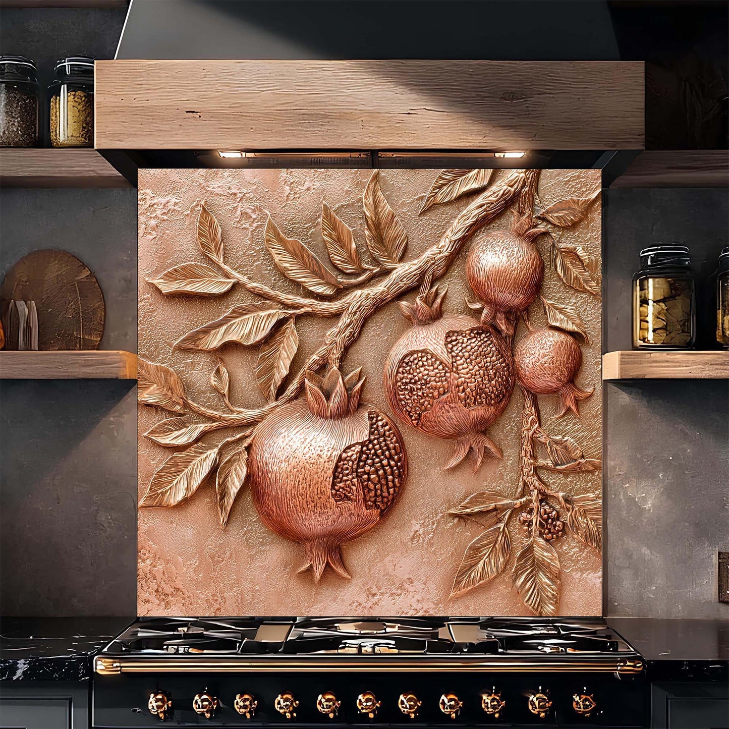 Decorative backsplash with pomegranate design above a stove