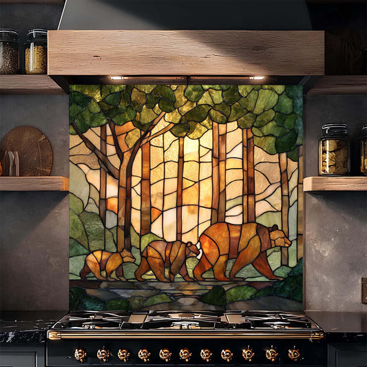 Stylized stained glass design of bears backsplash in a forest on a kitchen backsplash.