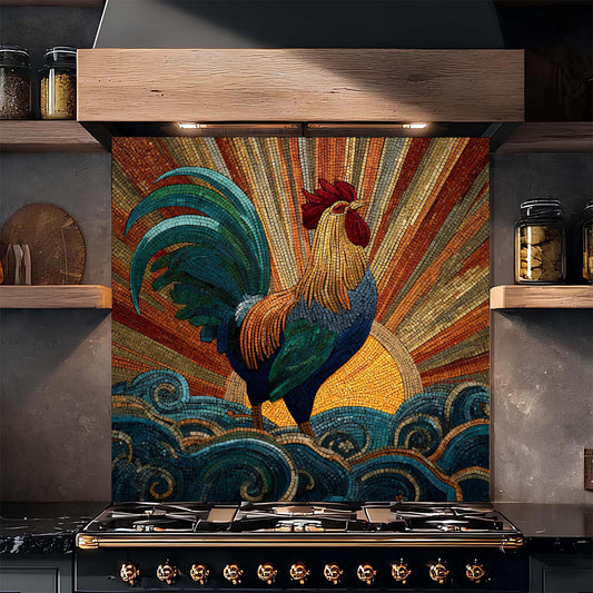 Mosaic rooster with radiant sunrise and swirling waves on tempered glass backsplash