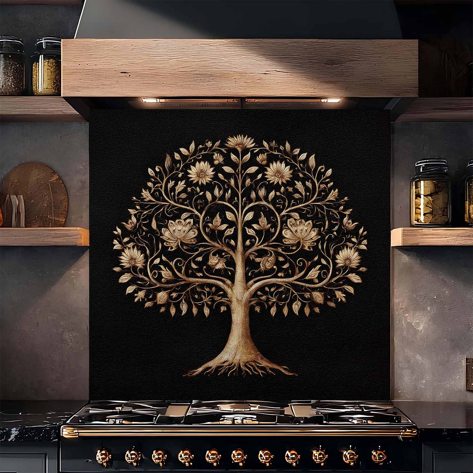 Decorative tree design on a kitchen backsplash with wooden hood above.