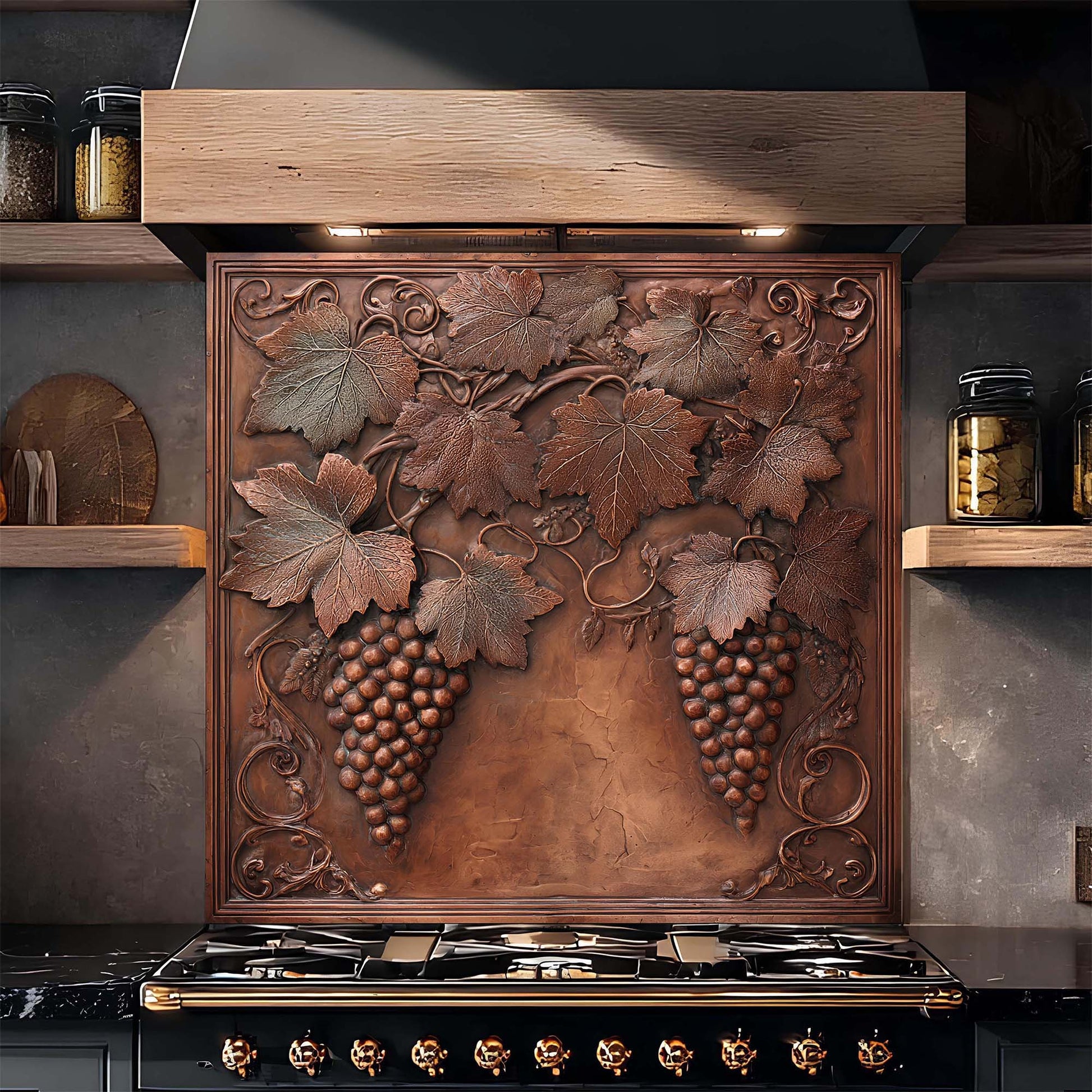 Decorative backsplash with grape design above a stove in a kitchen setting.