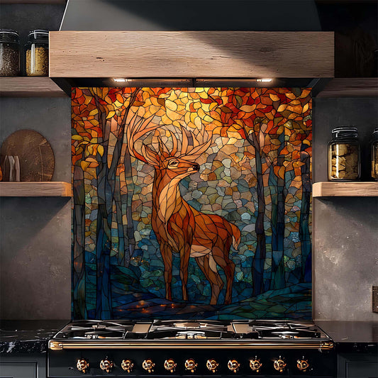 Decorative glass splashback with a deer design in a kitchen setting