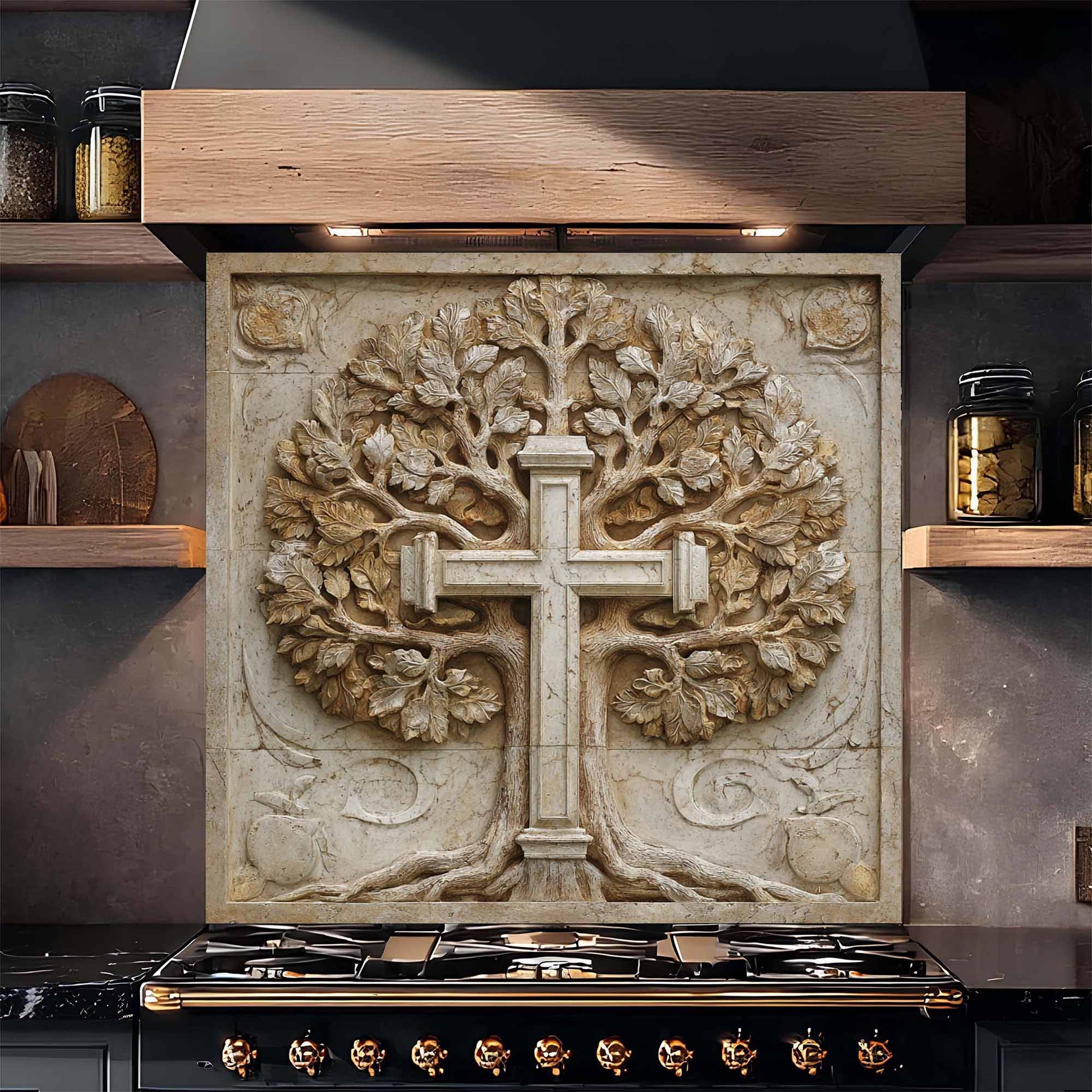 Decorative backsplash with tree design and cross over a stove in a kitchen setting.