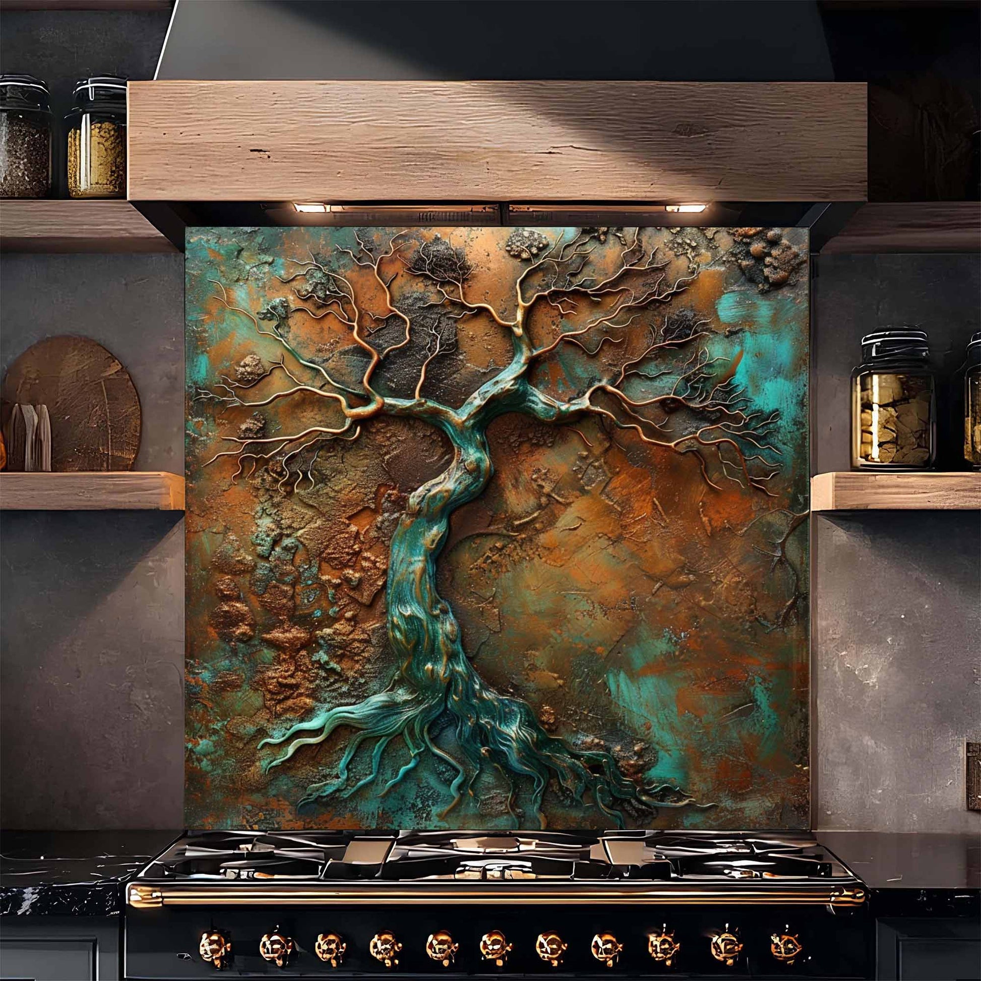 Decorative backsplash with tree design above a stove in a kitchen setting