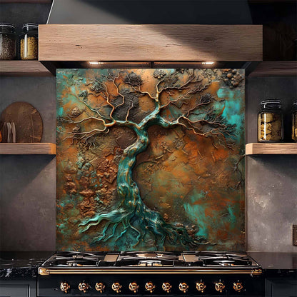 Decorative backsplash with tree design above a stove in a kitchen setting