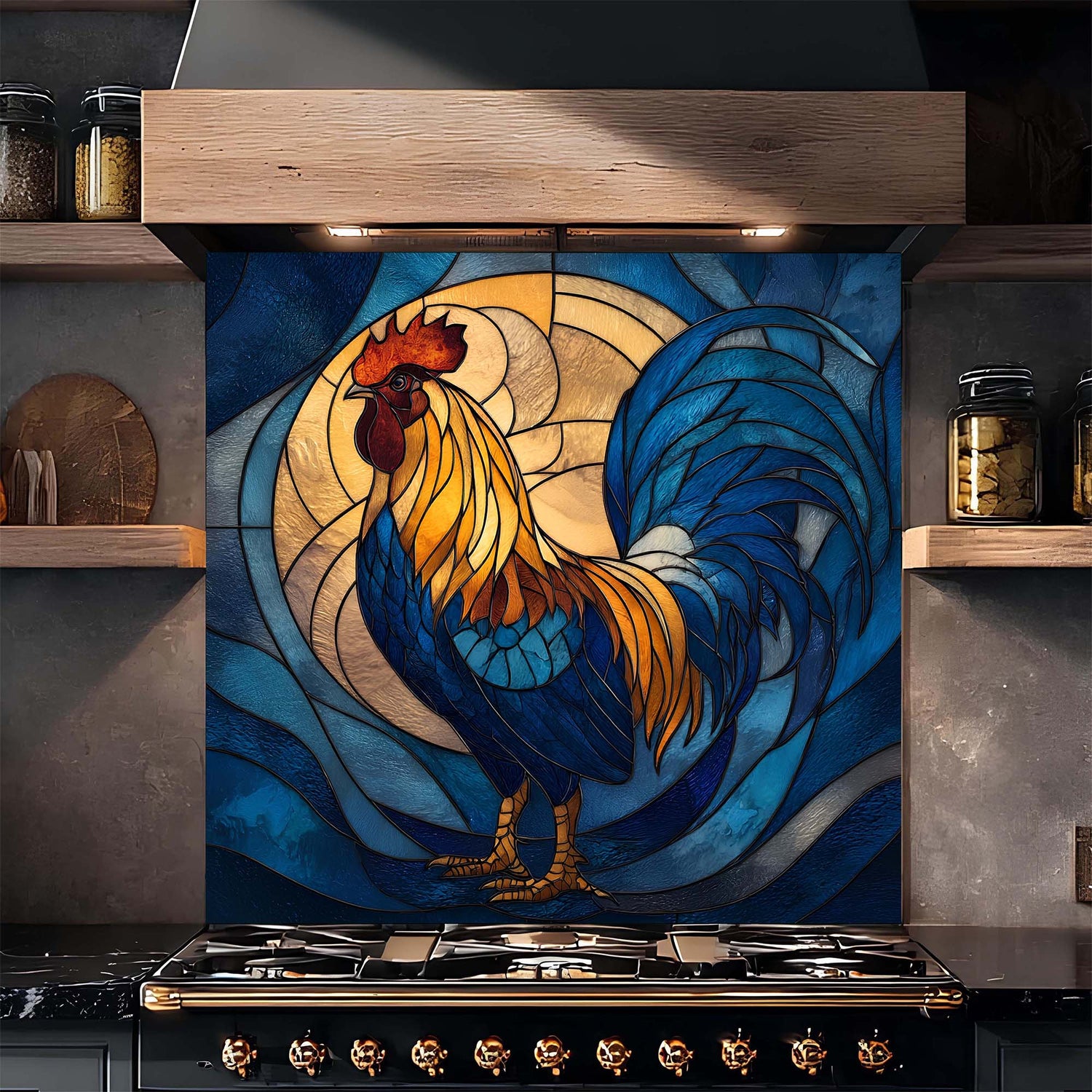 Stylized rooster design on a kitchen glass backsplash with wooden shelves and cookware.