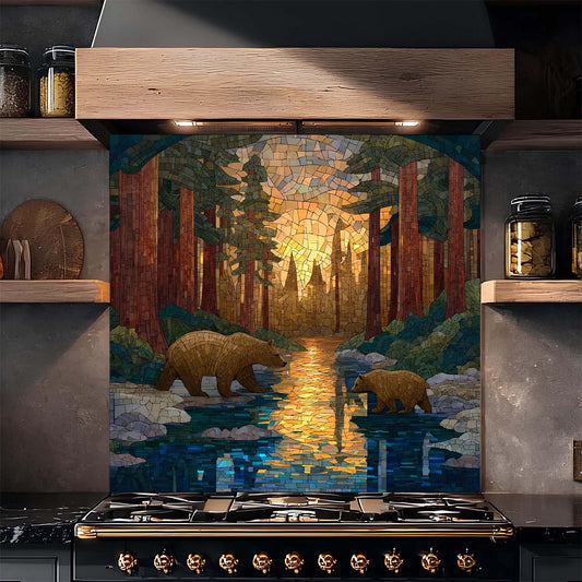 Kitchen stove with a decorative glass backsplash featuring bears in a forest scene.