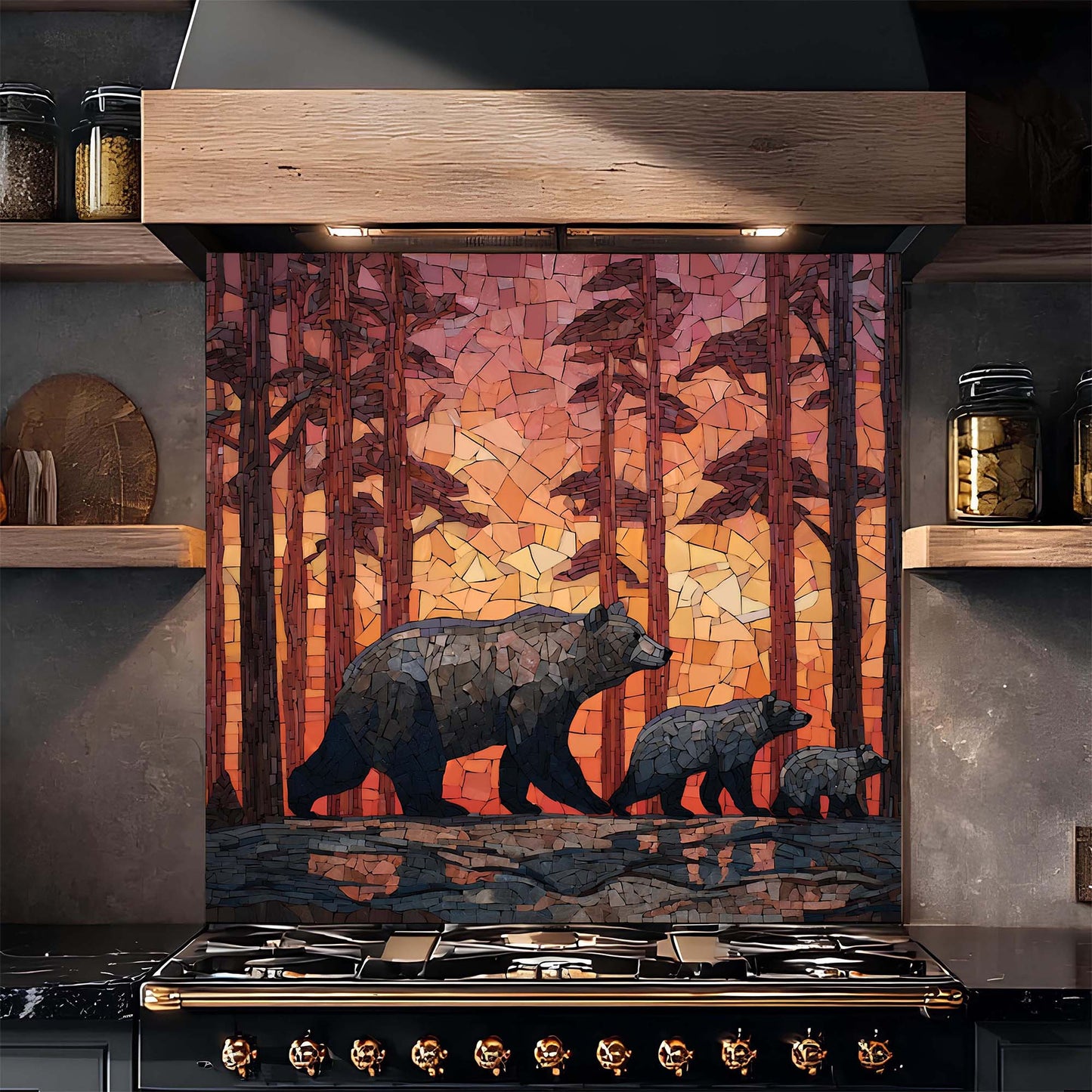 Stainless steel stove with a decorative glass backsplash featuring bears in a forest design.