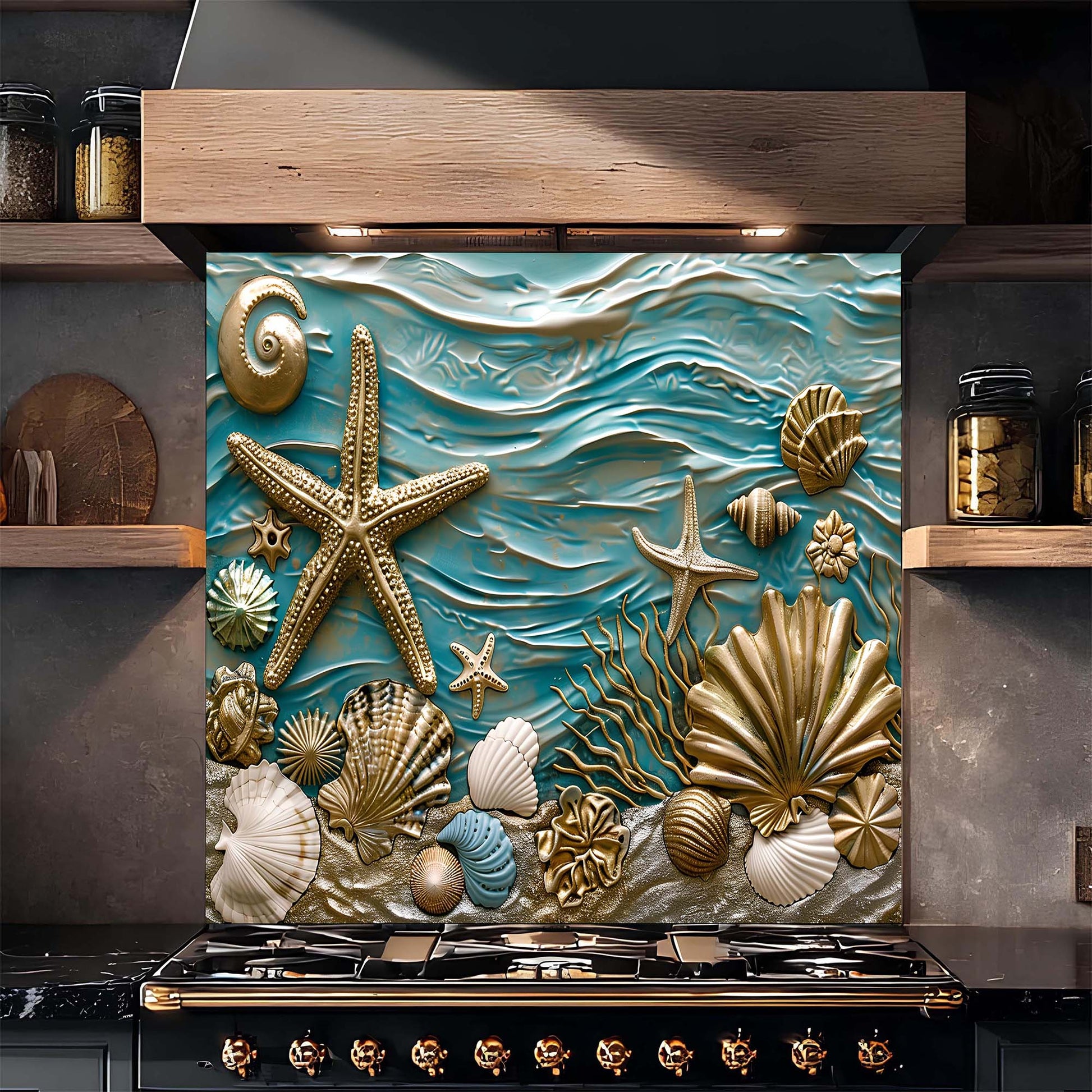 Decorative backsplash with sea-themed design featuring shells and starfish above a stove.