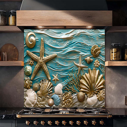 Decorative backsplash with sea-themed design featuring shells and starfish above a stove.