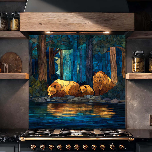 Kitchen backsplash with bear family design in a forest scene