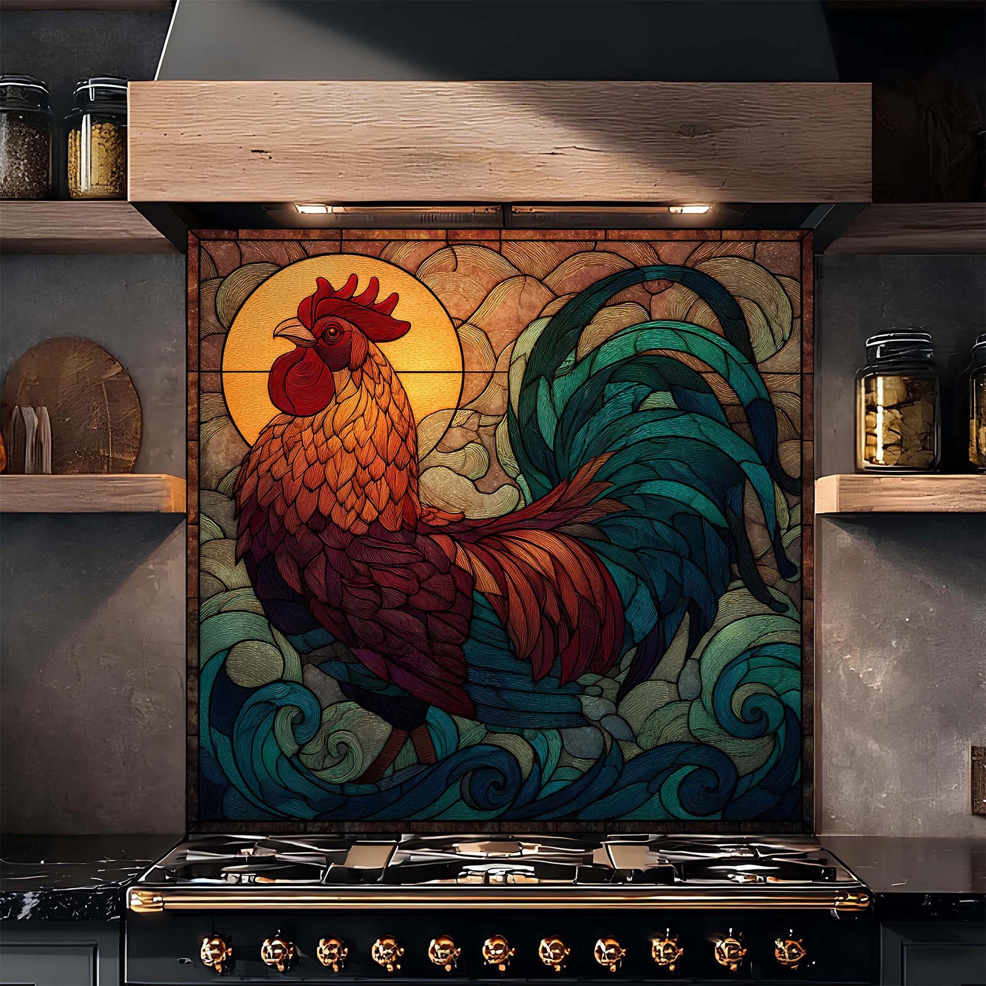 Stylized rooster design on a kitchen backsplash above a stove.