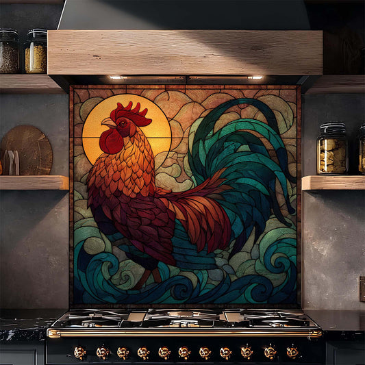 Stylized rooster design on a kitchen backsplash above a stove.