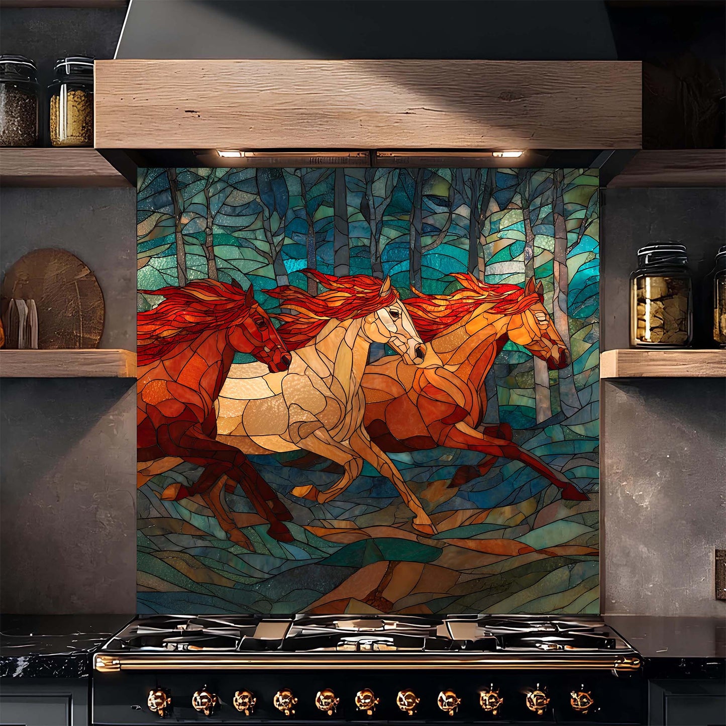 Three galloping horses in a stained glass forest design on tempered glass backsplash. A bold, artistic kitchen backsplash statement.