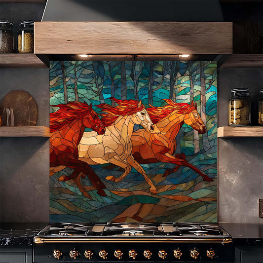 Three galloping horses in a stained glass forest design on tempered glass backsplash. A bold, artistic kitchen backsplash statement.