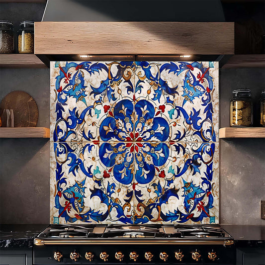 Decorative backsplash with intricate blue and white pattern above a stove