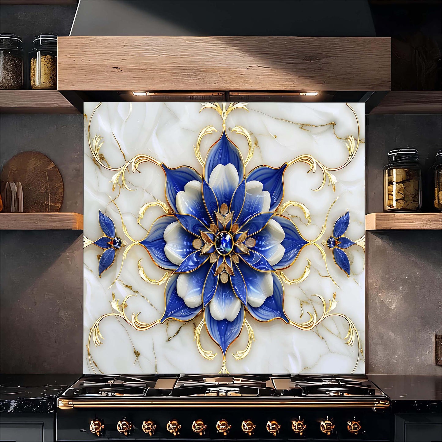Decorative backsplash with blue floral design on a kitchen wall