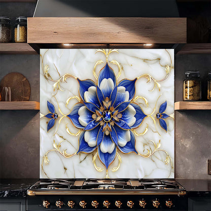 Decorative backsplash with blue floral design on a kitchen wall