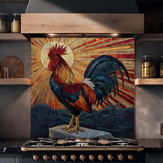 Radiant dawn rooster mosaic glass backsplash with golden sunburst and deep blues. A bold tempered glass kitchen backsplash design.