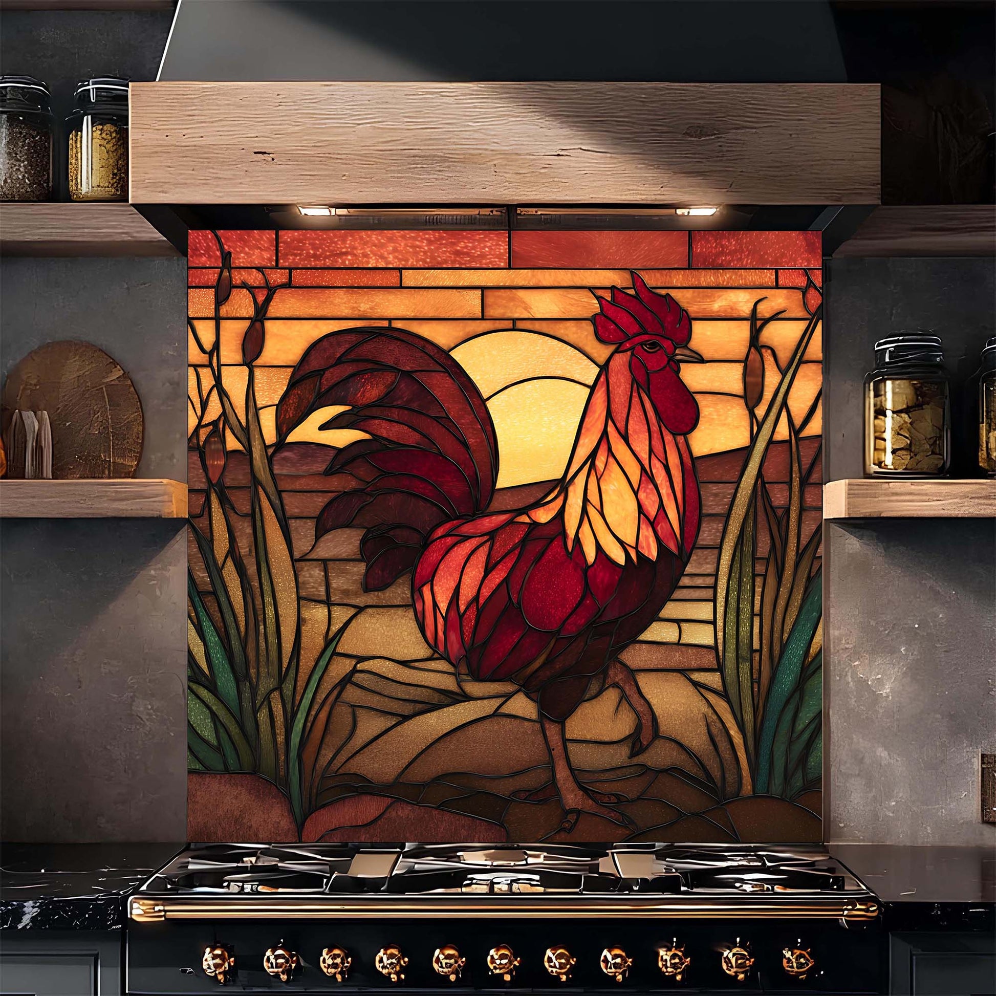 Stained glass backsplash of a rooster above a stove in a kitchen setting